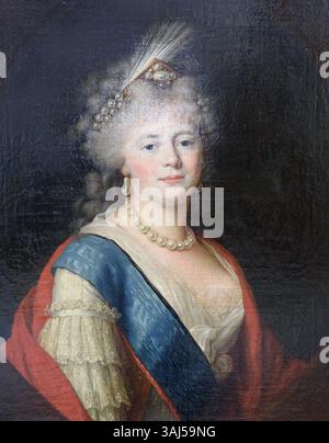 Dieses Porträt zeigt Kaiserin Maria Feodorowna, geborene Prinzessin Sophie Dorothea von Württemberg, Ehefrau von Kaiser Paul I. von Russland. Sie wurde zwischen 1791 und 1800 gemalt und stellt sie in königlicher Kleidung als Symbol ihres Einflusses in russischen Reichsangelegenheiten dar. Stockfoto