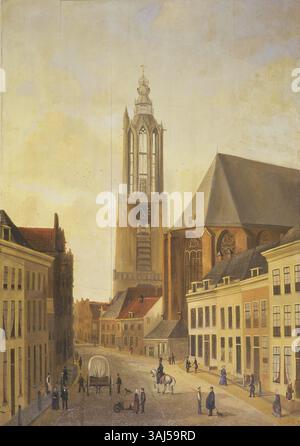 Dieses Gemälde aus den Jahren 1875 bis 1900 zeigt die Langestraat mit dem Onze Lieve Vrouwetoren in Amersfoort, Niederlande. Der anonyme Künstler hat die Architektur und das tägliche Leben der Stadt in Öl auf einer Platte festgehalten. Stockfoto