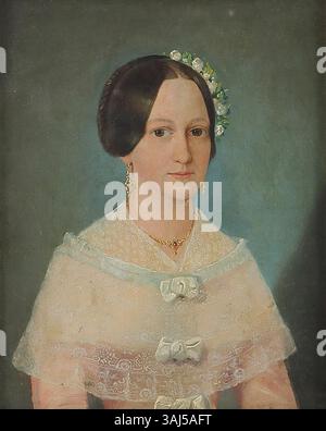 Dieses Porträt mit dem Titel „Lady in White“ ist signiert und datiert von 1850 und wurde von dem Künstler A. M. geschaffen. Das Ölgemälde auf Leinwand ist 21 x 17 cm groß. Das Werk spiegelt einen klassischen Porträtstil des 19. Jahrhunderts wider und fängt die Eleganz und Anmut des Motivs in einer einfachen, aber kraftvollen Darstellung femininer Schönheit ein. Stockfoto