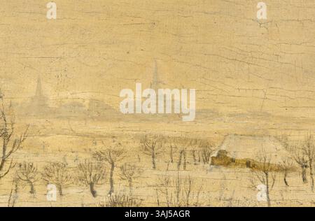 Dieses Detail aus „Winterlandschaft mit Vogelfalle“ (1565) von Pieter Bruegel dem Älteren zeigt die Eisläufer inmitten der winterlichen Umgebung, die im Museum der Alten Meister in Brüssel aufbewahrt wird. Stockfoto