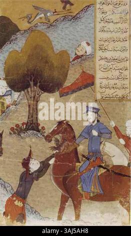 Dieses Gemälde aus dem Jahr 1436 aus der „Zafarnama“ zeigt die Jagd Timurs bei Buchara nach seinem erfolgreichen Frühlingsfeldzug 1389. Das Kunstwerk erfasst wichtige historische Ereignisse aus der Zeit der Timuriden. Stockfoto