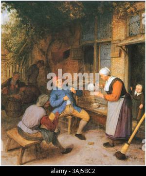 Adriaen van Ostades Ölgemälde aus der Zeit um 1675 zeigt Bauern, die vor einem gasthaus trinken. Es erfasst die ländlichen Genre-Szenen, die typisch für die niederländische Kunst des 17. Jahrhunderts sind, und hebt den Alltag und die sozialen Interaktionen der Zeit hervor. Stockfoto