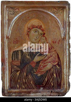 Dieses religiöse Gemälde, das zwischen 1200 und 1299 im toskanischen Stil geschaffen wurde, zeigt die Jungfrau Maria mit dem Christuskind und zwei Engeln. Das Öl auf der Platte ist in der National Gallery untergebracht. Stockfoto