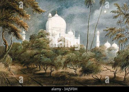 Sita Rams Aquarell aus dem Jahr 1814 zeigt das Taj Mahal im Mondlicht und zeigt seine Schönheit im nächtlichen Glanz. Das Artwork ist Teil des Albums Views by Seeta RAM. Stockfoto