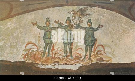 Dieses Fresko aus den Priscilla-Katakomben in Rom aus dem 3. Jahrhundert zeigt Schadrach, Mesach und Abednego im Feuerofen und veranschaulicht die biblische Geschichte ihres göttlichen Schutzes. Stockfoto