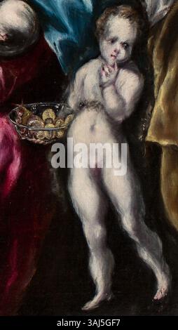 El Grecos Gemälde, um 1600, zeigt die Heilige Familie, die Heilige Anna, die Mutter der Jungfrau Maria, und den kleinen Heiligen Johannes den Täufer. Das Werk ist im Museo del Prado ausgestellt und auf Leinwand gemalt. Stockfoto