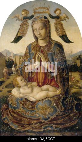 Dieses um 1480 entstandene Gemälde der Schule von Bartolomeo Vivarini, das die Madonna und das Kind mit Cherubs darstellt, wurde mit Öl und Tempera auf der Tafelplatte hergestellt. Es spiegelt die religiösen Themen der italienischen Renaissance wider. Stockfoto