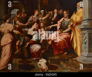 Michiel Coxies „das Gericht Salomos“, das um 1552 gemalt wurde, fängt die biblische Geschichte von König Salomos Entscheidung im Fall von zwei Frauen ein, die dasselbe Kind beanspruchen. Das Gemälde betont Salomons Weisheit und Gerechtigkeit. Stockfoto