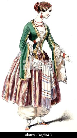 Diese Lithografie von Alexandre Lacauchie aus dem Jahr 1847 zeigt Mlle Lavoye als Haydée im zweiten Akt von Aubers Oper „Haydée“. Das Kunstwerk fängt einen Moment der Vorstellung ein und spiegelt den dramatischen Stil und die Themen der Oper wider. Stockfoto