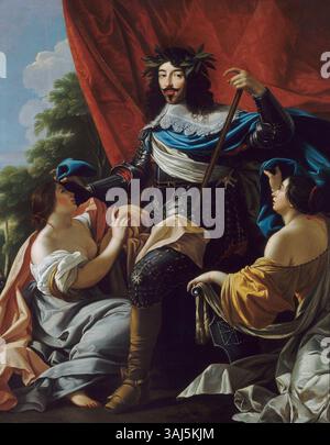 Louis XIII. Stellte zwischen zwei weiblichen Figuren dar, die Frankreich und Navarra symbolisieren, in diesem allegorischen Gemälde von Simon Vouet aus dem 17. Jahrhundert, das im Louvre untergebracht ist. Stockfoto