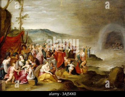 Dieses Gemälde von Frans Francken II., entstanden zwischen 1640 und 1660, zeigt die Israeliten nach der Überquerung des Roten Meeres mit Josephs Leiche in einem Grab. Die religiöse Szene wird in Öl auf der Tafel hingerichtet. Stockfoto