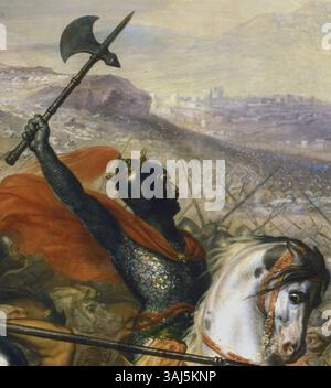 Dieses Ölgemälde von Charles de Steuben zeigt Charles Martel während der Schlacht von Tours (732), auch bekannt als die Schlacht von Poitiers. Das Detail unterstreicht Martels zentrale Rolle bei der Verteidigung Europas gegen die Invasion der Umayyaden. Stockfoto
