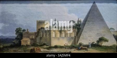 Dieses Gemälde von Jean-Jacques-Francois Le Barbier aus dem Jahr 1774 zeigt die Pyramide des Sextius in Rom und zeigt die Pracht der antiken Architektur. Es war Teil der Serie „Le Paragone“, die das Verhältnis zwischen klassischer Architektur und Landschaftskunst betonte. Das Werk befindet sich im Musée des Beaux-Arts d'Angers. Stockfoto