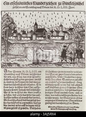 Dieser Holzschnitt von Hans Glaser, gedruckt 1554 in Nürnberg, zeigt den Blutregen, der am 26. Mai 1554 bei Dinkelsbühl aufgetreten ist. Das Phänomen wurde als bedeutendes und mysteriöses Ereignis in der europäischen Geschichte aufgezeichnet. Stockfoto