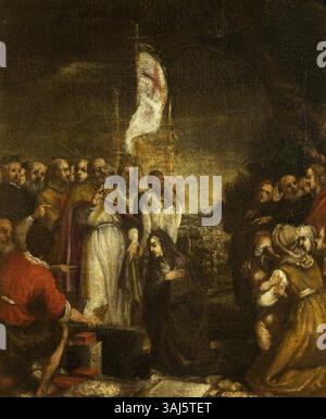 Dieses religiöse Gemälde aus dem 17. Jahrhundert, das zwischen 1600 und 1699 entstand, zeigt einen armen Clare, der von einem Bischof gesegnet wurde, und zeigt religiöse Verehrung und heilige Rituale. Stockfoto