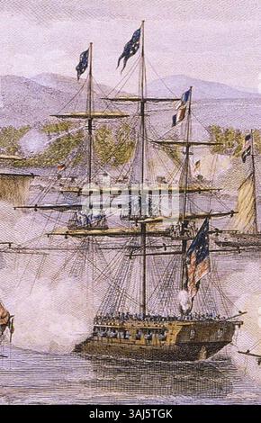 Gravur von Benjamin Tanner, die die USS Saratoga in der Schlacht von Plattsburgh illustriert, Teil des Sieges von Commodore Macdonough am 11. September 1814 während des Krieges von 1812 am Lake Champlain. Stockfoto