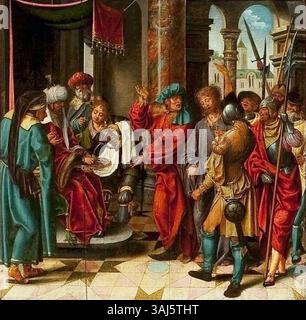 Joos van Cleves Saint Reinhold Altar (um 1485–1541) zeigt detaillierte religiöse Darstellungen des Lebens Christi, darunter Szenen der Taufe Christi, des Letzten Abendmahls und der Kreuzigung. In Tempera auf Holz gemalt, besteht es aus mehreren Tafeln, die wichtige Momente der christlichen Heilsgeschichte veranschaulichen. Stockfoto