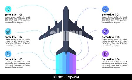 Infografik-Vorlage mit Symbolen und 6 Optionen oder Schritten. Flugzeug. Kann für Workflow-Layout, Diagramm, Banner, webdesign verwendet werden. Vektordarstellung Stock Vektor