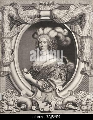 Dieser Kupferstich von Nicolas de Larmessin, um 1667–1674, zeigt Louise de La Vallière, die Geliebte Ludwigs XIV. Von Frankreich. Der Druck ist mit den Details der Künstlerin versehen und unterstreicht die prominente Rolle, die sie während der Regierungszeit Ludwigs XIV. Am französischen Hof spielte Stockfoto