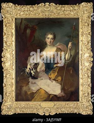Dieses Gemälde von Nicolas de Largillièrie aus dem Jahr 1721 zeigt Francoise Turrettini als allegorische Figur Diana die Jägerin. Sie wird in symbolischer Kleidung gezeigt, eine Anspielung auf ihr edles Erbe und ihre Ehe mit Baron David de Vasserot. Stockfoto