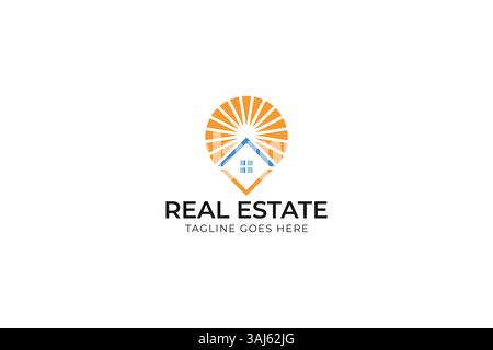 Helles und modernes Real Estate Logo, das Haus, Lage und Wohnelegante unterstreicht Stock Vektor