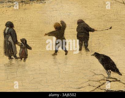 Dieses Detail aus „Winterlandschaft mit Vogelfalle“ von Pieter Bruegel dem Älteren, das 1565 geschaffen wurde, zeigt die Eisläufer und die charakteristische Winterlandschaft, die im Museum der Alten Meister in Brüssel aufbewahrt wird. Stockfoto
