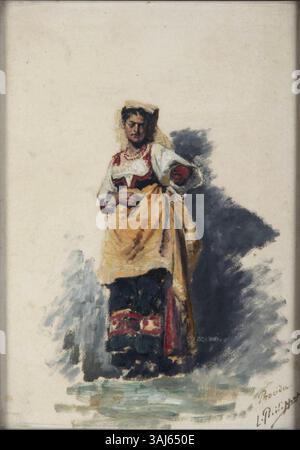 Die Gouache „Procida“ von Léon Philippet, die zwischen 1868 und 1887 gemalt wurde, zeigt eine malerische Aussicht auf die italienische Insel. Das Werk, das im Musée de la Vie Wallonne gehalten wird, ist eine Darstellung der Küstenlandschaften des Mittelmeers. Stockfoto