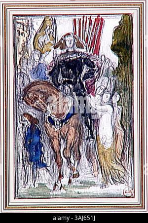 Diese Studie, „Rêtre et Captives“ von Gustave Moreau, beschreibt das Konzept von Retreat und Gefangenen. Das Kunstwerk konzentriert sich auf Themen wie Konflikt, Zurückhaltung und Emotionen, die durch Figurenstudien und dramatische Kompositionen erfasst werden. Stockfoto