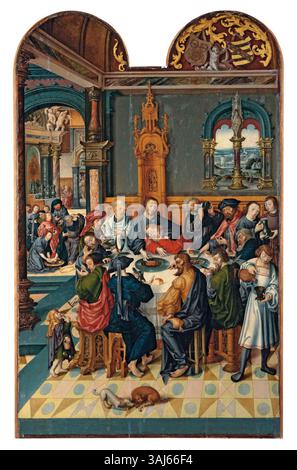 Ein Triptychon aus dem Jahr 1525 mit dem Letzten Abendmahl als Mitteltafel und Szenen von Heiligen und Spendern auf den äußeren Tafeln. Das Kunstwerk wird dem Meister von Pauw und Zas zugeschrieben und befindet sich in der Sammlung Hermann Göring, in der religiöse Themen in Öl auf Tafeln dargestellt werden. Stockfoto