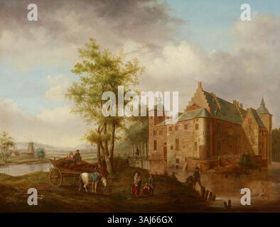 Dieses Gemälde von Hendrik Frans de Cort aus dem Jahr 1788, signiert und datiert unten rechts, zeigt eine ruhige Landschaft mit einer Wasserburg. Die Kunstwerke auf der Öltafel halten die natürliche Schönheit der niederländischen Landschaft aus dem 18. Jahrhundert fest. Stockfoto