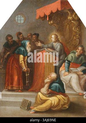 Das Chirk-Kabinett: Christus unter den Ärzten ist ein religiöses Gemälde von Frans Francken II. (Atelier) aus den Jahren um 1640 bis 1650. Dieses Öl auf Kupfer zeigt Christus, der mit Gelehrten diskutiert wird und eine gemeinsame biblische Szene in der Kunst des 17. Jahrhunderts widerspiegelt. Stockfoto