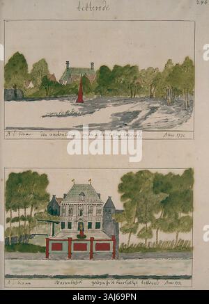 Diese Karte von Andries Schoemaker's Atlas Schoemaker (1710-1735) zeigt die Städte, Dörfer und Adelsbauten in der niederländischen Region Westfriesland und bietet einen detaillierten Überblick über die Geographie und Architektur der Gegend im 18. Jahrhundert. Stockfoto