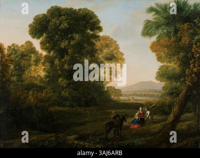 Claude Lorrains Gemälde „Paysage avec le repos pendant la fuite en Egypt“ aus dem Jahr 1644 zeigt eine ruhige Landschaft, in der die Heilige Familie während ihres Fluges nach Ägypten ruht. Dieses Öl-auf-Leinwand-Stück fängt die Ruhe und natürliche Schönheit von Lorrains Stil ein. Stockfoto