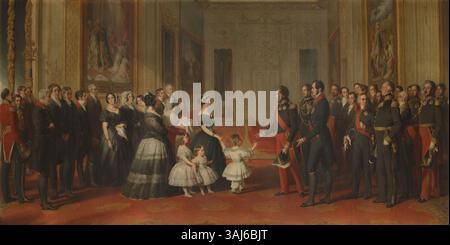 Franz Xaver Winterhalters Gemälde, das zwischen 1845 und 1847 entstanden ist, zeigt die Rezeption des französischen Königs Louis-Philippe am 8. Oktober 1844 auf Schloss Windsor. Die Szene zeigt Schlüsselfiguren wie Königin Victoria, Prinz Albert, Prinzessin Victoria, Edward VII. Und den Duke of Wellington. Dieses Öl auf Leinwand stellt einen bedeutenden historischen Moment während der Herrschaft von Victoria dar. Stockfoto