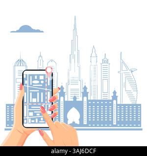 Vektorillustration Spaziergang durch die Stadt. Navigation. Hände halten das Handy und zeichnen die bewegliche Route auf dem Telefonbildschirm. Stadtplan. Lage Reise L Stock Vektor