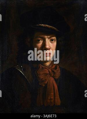 Porträt eines unbekannten jungen Mannes, gemalt von Daniel de Koninck zwischen 1688 und 1720. Das büstenlange Ölgemälde zeigt den Mann, der einen roten Schal trägt, und hebt den Mode- und Porträtstil des späten 17. Und frühen 18. Jahrhunderts hervor. Stockfoto