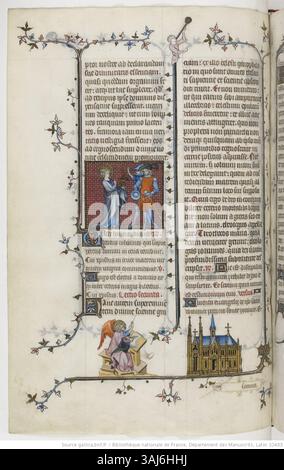Eine Seite aus dem Breviarium von Jean Pucelle mit komplizierten gotischen Beleuchtungen und religiösen Themen. Das zwischen 1323 und 1326 entstandene Manuskript ist ein Paradebeispiel französischer mittelalterlicher Kunst und zeigt Pucelles Fachwissen in der Manuskriptbeleuchtung. Das Kunstwerk enthält detaillierte Ränder und Figuren in lebendigen Farben, die typisch für diese Zeit sind. Stockfoto
