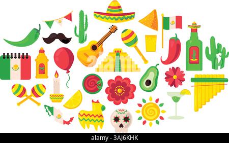 Lebensmittel, Musikinstrumente, Kleidung, Spielzeug, alkoholische Getränke. Element des hispanischen Urlaubs Cinco de Mayo. Mexikanischer Feiertag. Einfache Zeichentrickserie Stock Vektor