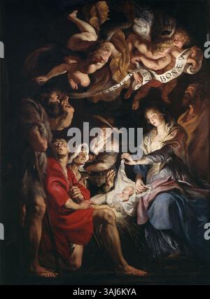 Peter Paul Rubens' 'Anbetung der Hirten' (um 1609) in der St. Paul's Church in Antwerpen ist eine dramatische Darstellung der Krippe. Das Öl auf Leinwand veranschaulicht die Ehrfurcht der Hirten gegenüber dem neugeborenen Christus im barocken Stil. Stockfoto