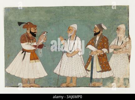 Eine imaginierte Szene, die ein Treffen zwischen Guru Gobind Singh und Guru Nanak darstellt, mit zwei Figuren, die möglicherweise als Guru Tegh Bahadur und Guru Hargobind identifiziert wurden, neben Bhai Bala oder Bhai Mardana oder Kabir. Das Kunstwerk spiegelt bedeutende religiöse Führer der Sikh des 17. Und 18. Jahrhunderts wider. Stockfoto