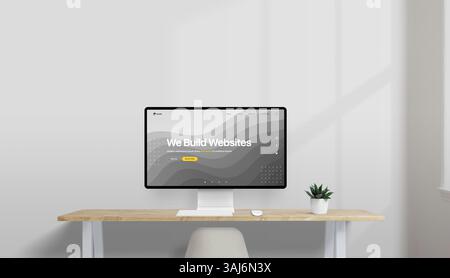 Moderne Schreibtischeinrichtung mit Computer, der ein Konzept für ein Webdesign für ein kreatives Studio zeigt, Schlagzeile „Wir bauen Websites“, Werk und Fenster in dezenter Beleuchtung Stockfoto