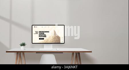 Desktop-Monitor mit Konzeptwebsite mit der Überschrift „Designing Your Digital Future“, sauberer Schreibtisch mit offener Wandfläche zum Kopieren oder Branding Stockfoto