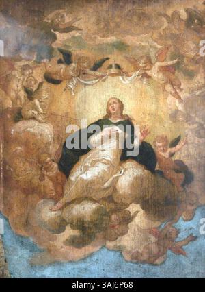 Das Gemälde der Himmelfahrt der Jungfrau wurde dem Stil von Abraham Bloemaert (1566–1651) zugeschrieben und entstand zwischen 1700 und 1799. Es zeigt das religiöse Thema der Himmelfahrt Marias, das in Öl auf Tafeln dargestellt wird und Teil der Sammlung des National Trust ist. Stockfoto