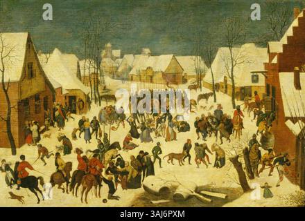 Dieses Öl auf Eichenplatte Gemälde von Pieter Brueghel dem Jüngeren, das zwischen 1600 und 1699 geschaffen wurde, zeigt die biblische Szene des Massakers an den Unschuldigen, einen mächtigen Moment aus dem Leben Christi. Stockfoto