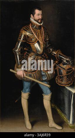 Dieses Porträt aus dem 16. Jahrhundert, das Juan Pantoja de la Cruz zugeschrieben wird, zeigt einen Gentleman in Rüstung, der traditionell als Don Fernando Alvarez de Toledo, 3. Herzog von Alba identifiziert wurde. Das Öl auf Leinwand spiegelt seine militärische Stellung und seinen Status wider. Stockfoto