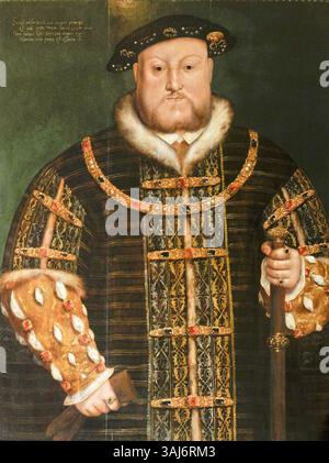 Dieses Gemälde, das Hans Holbein dem Jüngeren zugeschrieben wird, ist eine Reproduktion des um 1542 entstandenen Porträts Heinrichs VIII. Das Kunstwerk aus dem 16. Bis 17. Jahrhundert spiegelt die königliche Kleidung des Königs und die ikonische Präsenz in der englischen Geschichte wider. Stockfoto