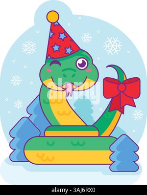 Freundliche Schlangen Reptil Umarmungen Spielzeug Weihnachtsbaum dekoriert mit bunten Kugeln. Symbol des chinesischen Kalenderjahres 2025. Karikaturvektor Illustration auf blu Stock Vektor