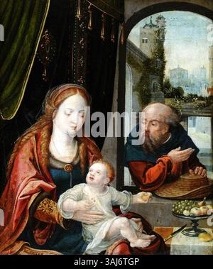 Dieses um 1520 entstandene religiöse Gemälde zeigt die Heilige Familie. Das Öl auf der Tafel reflektiert Einflüsse der Renaissance mit einem Fokus auf sakrale Figuren und göttliche Darstellung. Stockfoto