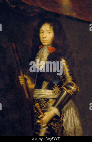Dieses Doppelporträt von Henri Jules de Bourbon, Prinz von Condé, das von Justus van Egmont zwischen 1662 und 1666 gemalt wurde, zeigt den jungen Prinzen und seinen Vater, Louis II. De Bourbon, Grand Condé. Das Ölgemälde ist im Schloss Versailles untergebracht und spiegelt die französische königliche Geschichte wider. Stockfoto