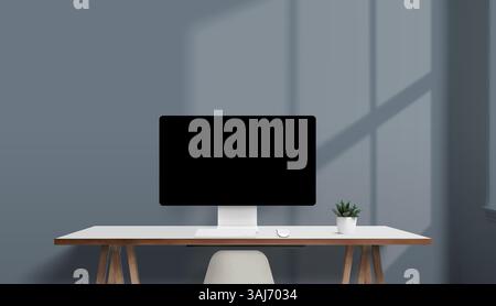 Heller und sauberer Arbeitsbereich mit weißem Schreibtisch, Holzbeinen, Computermonitor und Topfpflanze. Sonnenlicht wirft sanfte Schatten auf dunkle Wände Stockfoto